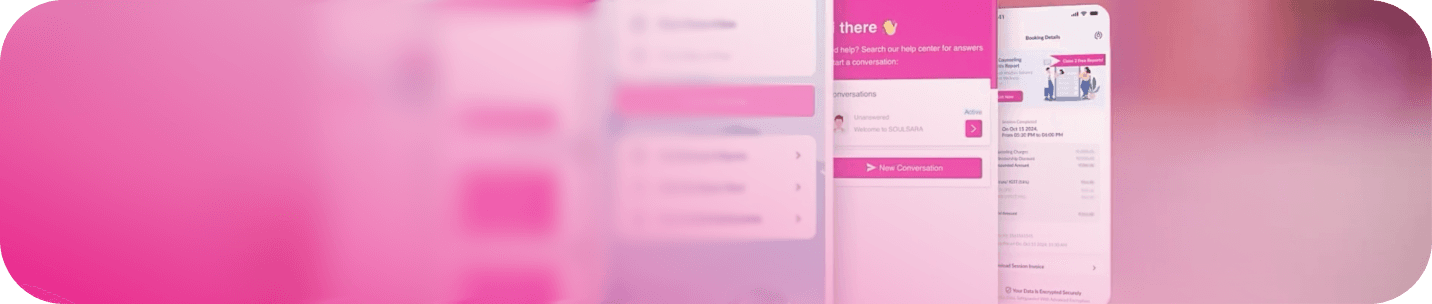 Mobile wellness counseling app interface showing booking, chat support, and session details