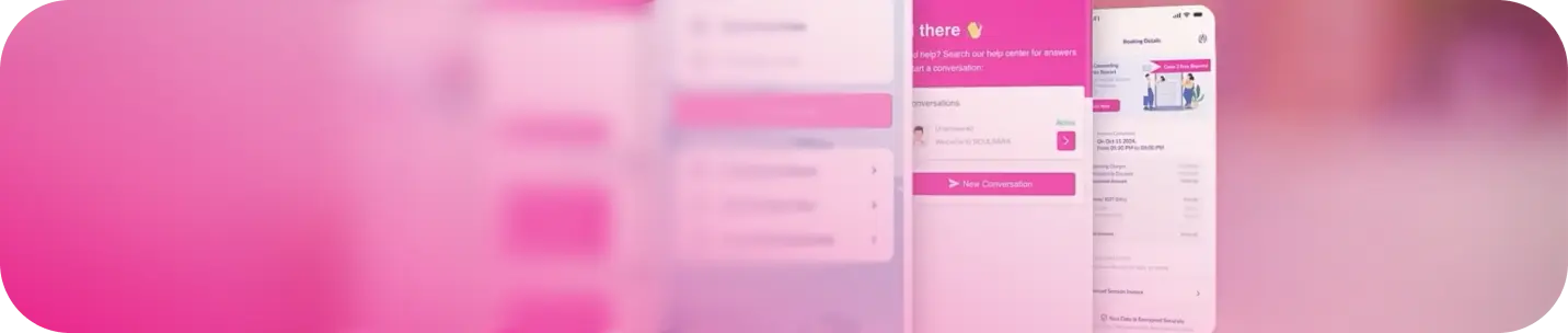 Mobile wellness counseling app interface showing booking, chat support, and session details